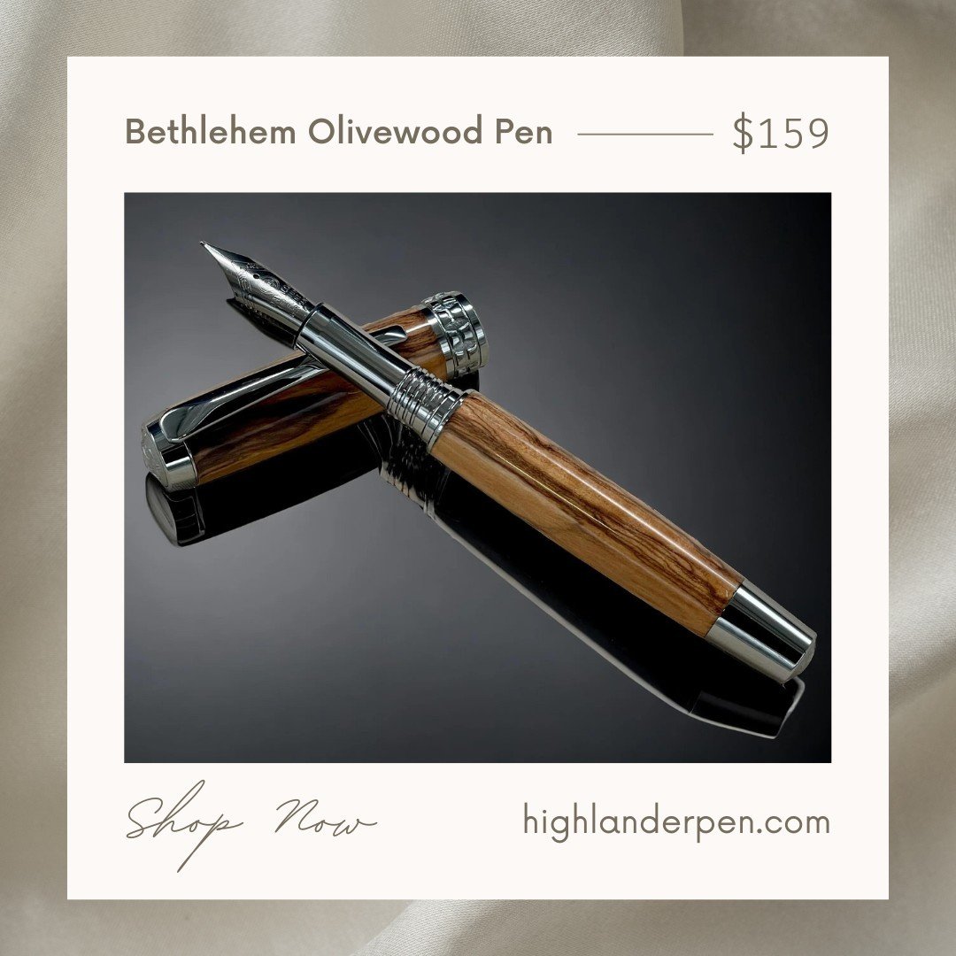 Product post for the Bethlehem Olivewood Pen priced at $159 with a shop now call to action