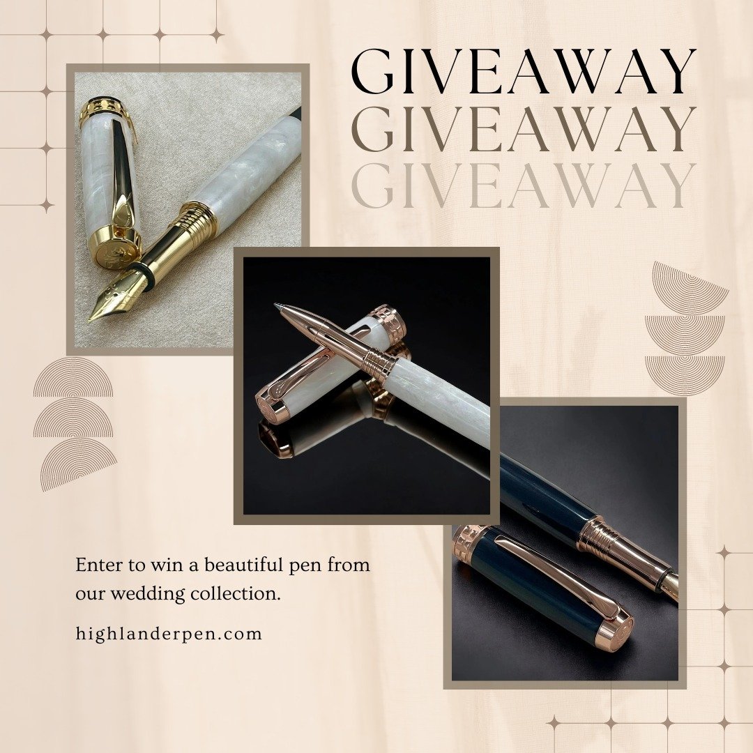 Giveaway graphic featuring pens from the Highlander wedding collection